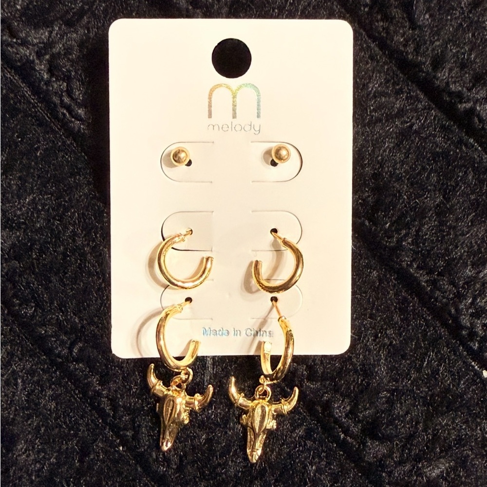 Gold Bull Skull Hoop Earrings